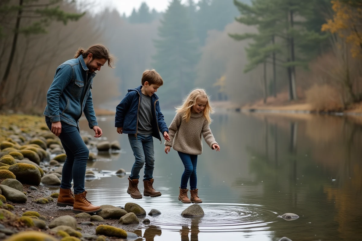 Famille de quatre lan&ccedil;ant des pierres dans la rivi&egrave;re