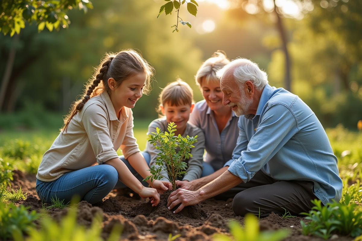 Famille multigeneration plantant un arbre dans le jardin