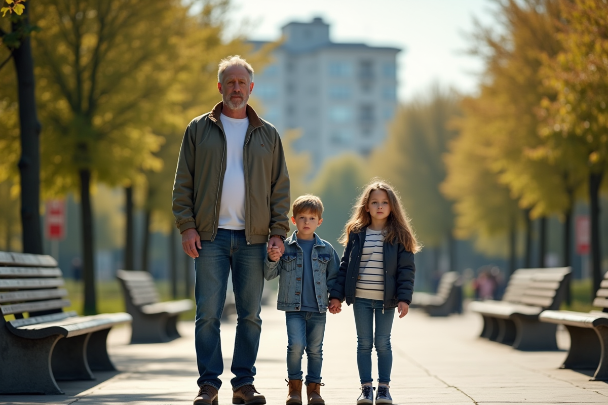 Un père et ses enfants dans un parc urbain ensoleille