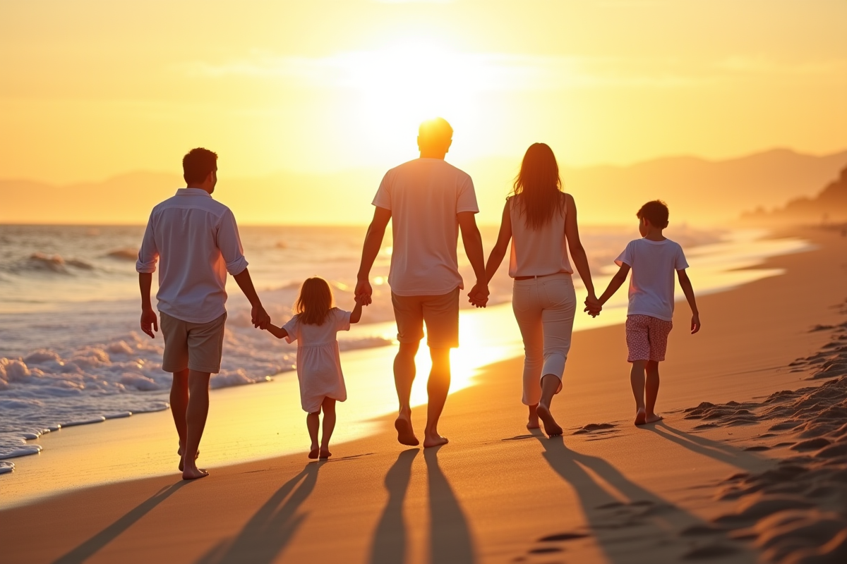 Famille marchant sur la plage au coucher du soleil