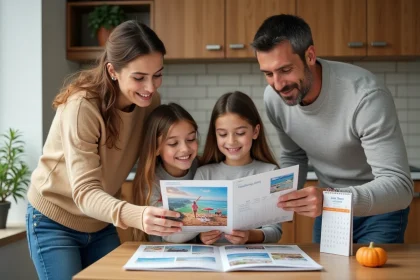 Famille de quatre planifiant leurs vacances avec calendrier et brochures