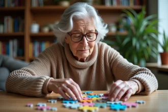 Femme agee arrangeant un puzzle coloré à la maison