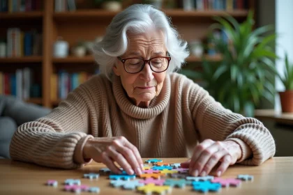 Femme agee arrangeant un puzzle coloré à la maison