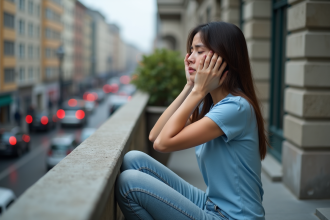 Jeune femme anxieuse sur un balcon urbain