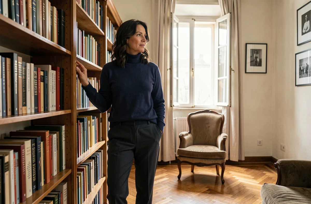 Femme dans une bibliothèque privée entourée de livres d'art et de théâtre, reflétant un parcours artistique et une vie intérieure riche