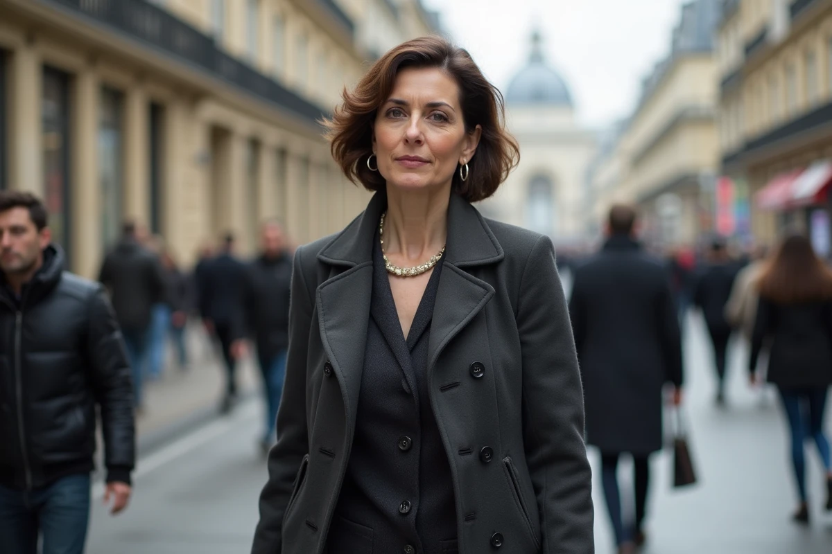 Femme déterminée marchant sur un boulevard parisien haussmannien, photographie éditoriale urbaine en extérieur