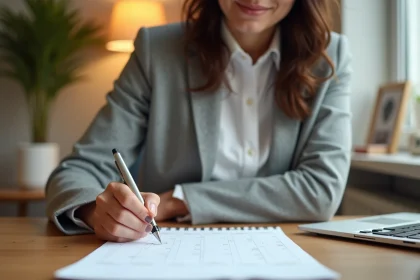 Femme professionnelle annotant un calendrier imprimé de semaines paires et impaires à son bureau