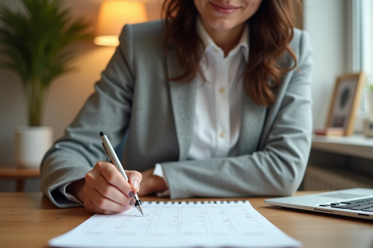 Femme professionnelle annotant un calendrier imprimé de semaines paires et impaires à son bureau