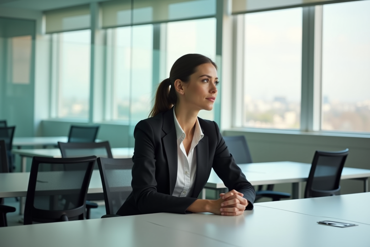 Femme confiante seule au bureau symbolisant les obstacles