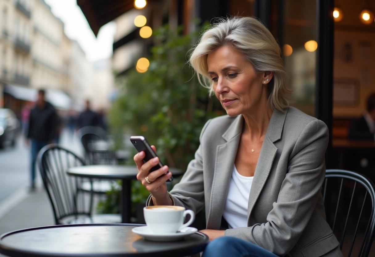Femme assise au caf&eacute; parisien avec tasse de caf&eacute;
