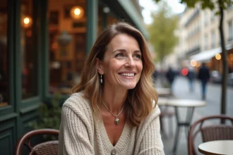 Femme dans un café parisien au look décontracté