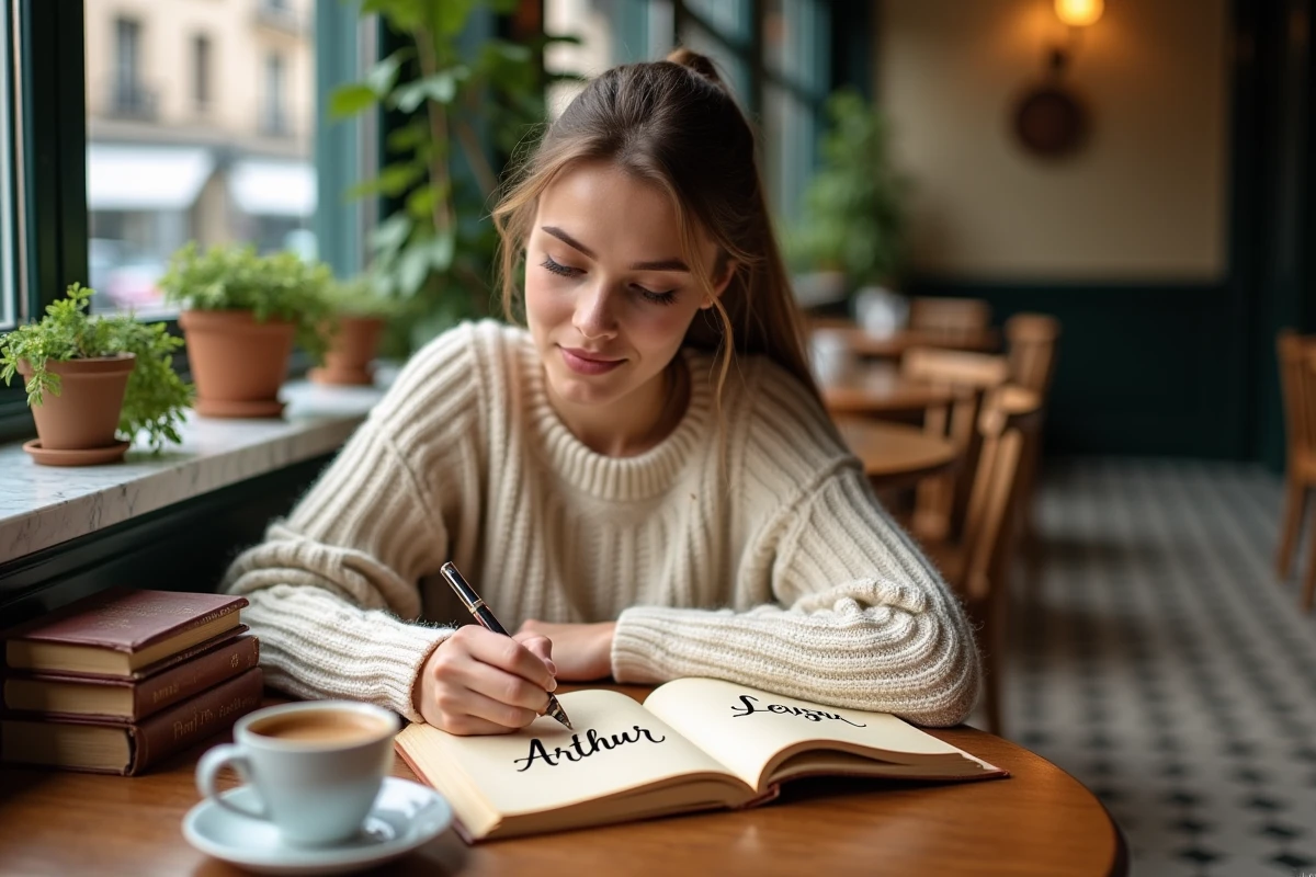 Jeune femme écrivant le prénom Arthur dans un carnet dans un café parisien