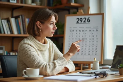 Femme consultant un calendrier mural 2026 pour identifier les semaines paires et impaires dans un bureau à domicile