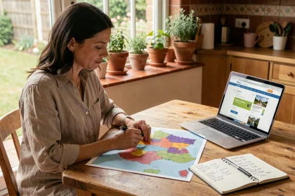 Femme consultant une carte des zones scolaires françaises pour planifier ses vacances au meilleur prix