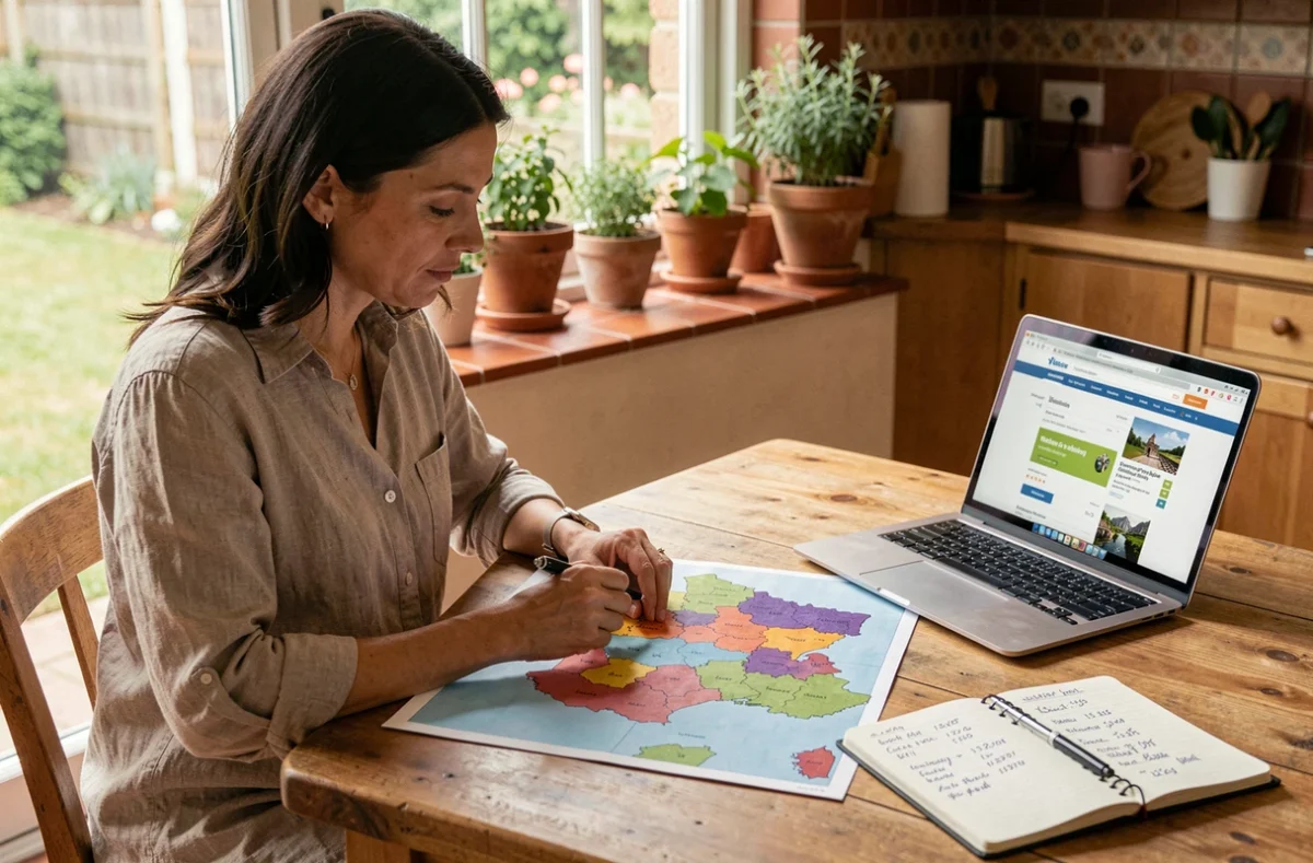 Femme consultant une carte des zones scolaires françaises pour planifier ses vacances au meilleur prix