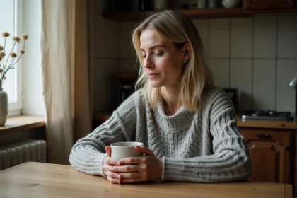 Femme réfléchissant seule à une table en bois tenant une tasse, symbolisant le deuil et le souvenir d'une mère