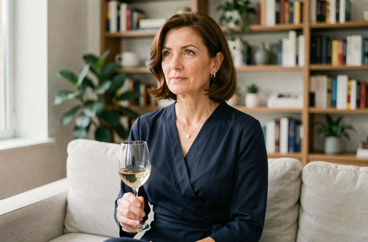 Femme française distinguée dans la quarantaine assise dans un salon moderne, tenant un verre de vin blanc avec une expression sereine, symbolisant une vie personnelle épanouie et une nouvelle page sentimentale
