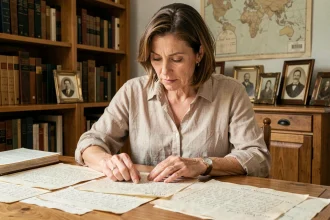 Femme étudiant des documents généalogiques anciens sur un bureau en bois, retraçant l'histoire familiale des Le Noir de Carlan