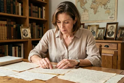 Femme étudiant des documents généalogiques anciens sur un bureau en bois, retraçant l'histoire familiale des Le Noir de Carlan