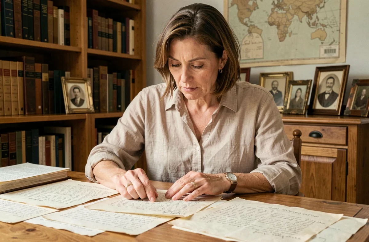 Femme étudiant des documents généalogiques anciens sur un bureau en bois, retraçant l'histoire familiale des Le Noir de Carlan