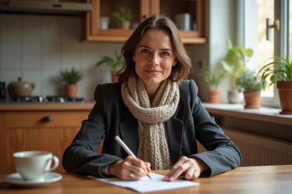 Femme &eacute;crivant une lettre dans une cuisine chaleureuse