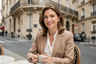 Femme élégante d'une quarantaine d'années assise en terrasse d'un café parisien, souriant avec confiance, illustrant la vie personnelle et amoureuse après une séparation médiatique