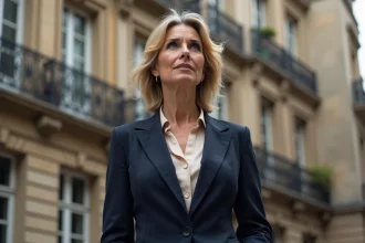 Femme française élégante devant un immeuble parisien haussmannien évoquant l'héritage familial et les origines culturelles