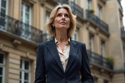 Femme française élégante devant un immeuble parisien haussmannien évoquant l'héritage familial et les origines culturelles