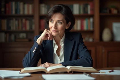 Femme engagée et déterminée assise à un bureau entouré de livres politiques, portrait éditorial en intérieur