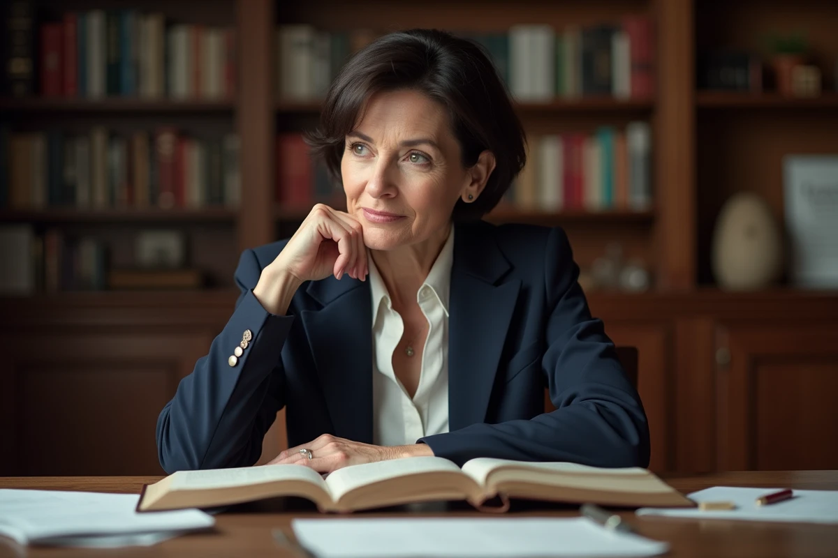 Femme engagée et déterminée assise à un bureau entouré de livres politiques, portrait éditorial en intérieur