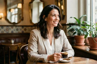 Femme française élégante dans un café parisien, évoquant la vie privée et le parcours personnel d'une personnalité publique