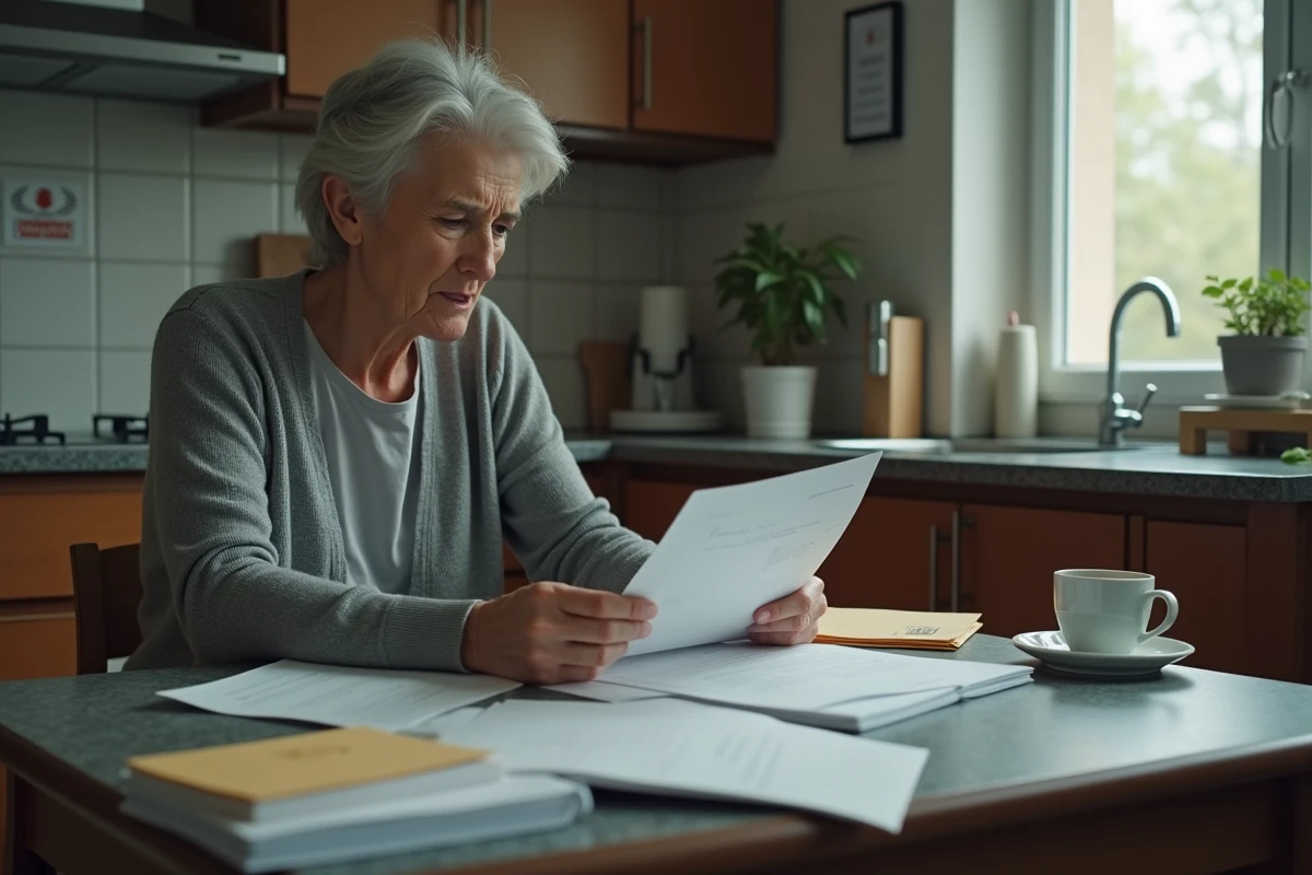 Femme inquiète lisant un courrier officiel de la CAF à la table de sa cuisine entourée de documents administratifs