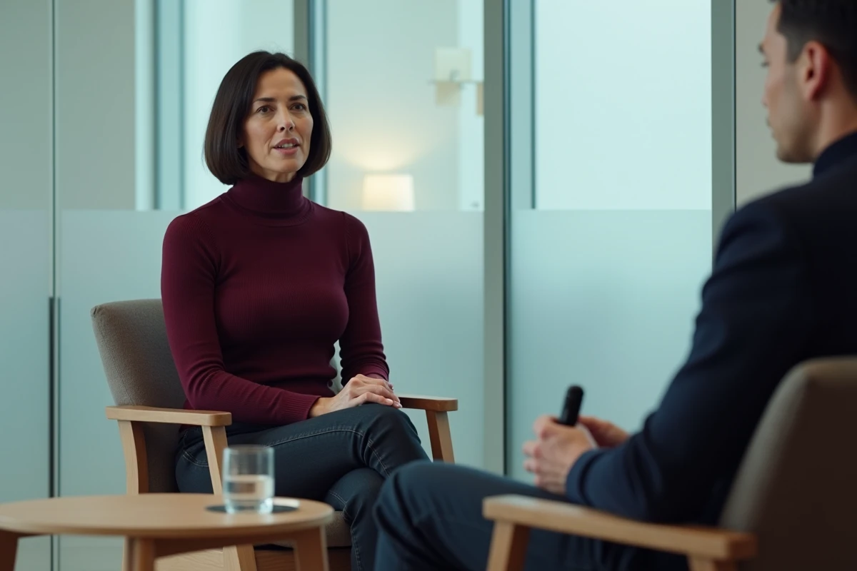 Femme accordant une interview dans un bureau moderne minimaliste, portrait éditorial journalistique en intérieur
