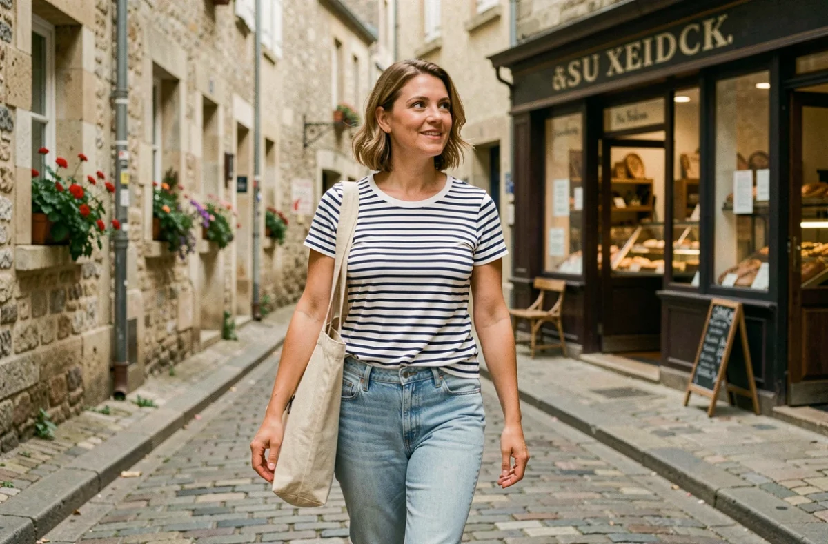 Femme française en marinière se promenant dans une rue pavée provinciale, illustrant une vie privée authentique et un art de vivre discret