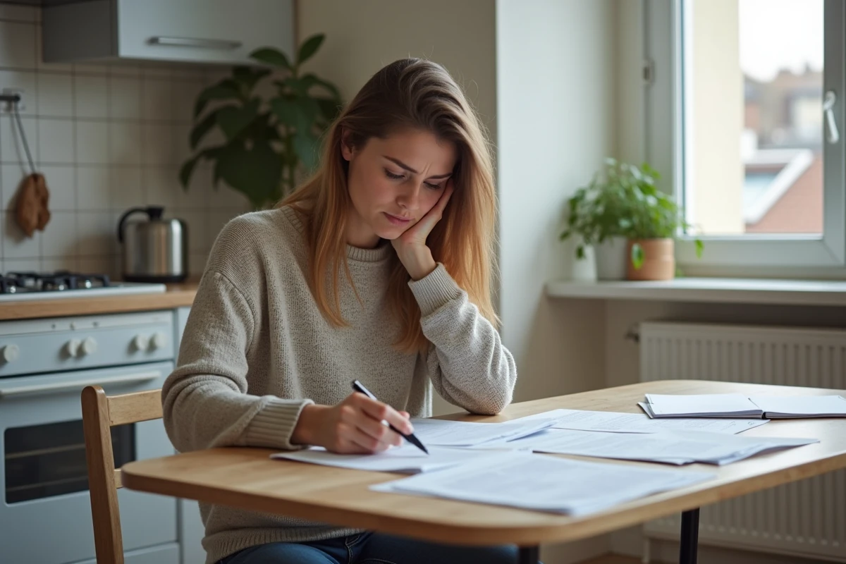 Femme en train de trier des papiers dans une cuisine française