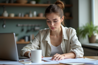 Femme concentrée à la maison avec papiers et ordinateur