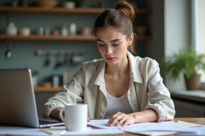 Femme concentrée à la maison avec papiers et ordinateur