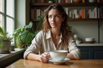 Femme française pensive assise dans une cuisine parisienne, illustrant une réflexion sur la maternité