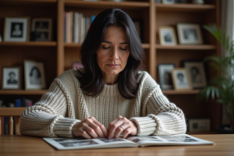 Femme d'âge moyen examinant des photos de famille anciennes