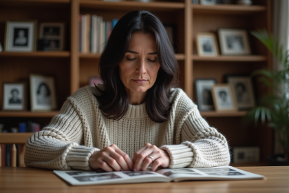 Femme d'âge moyen examinant des photos de famille anciennes