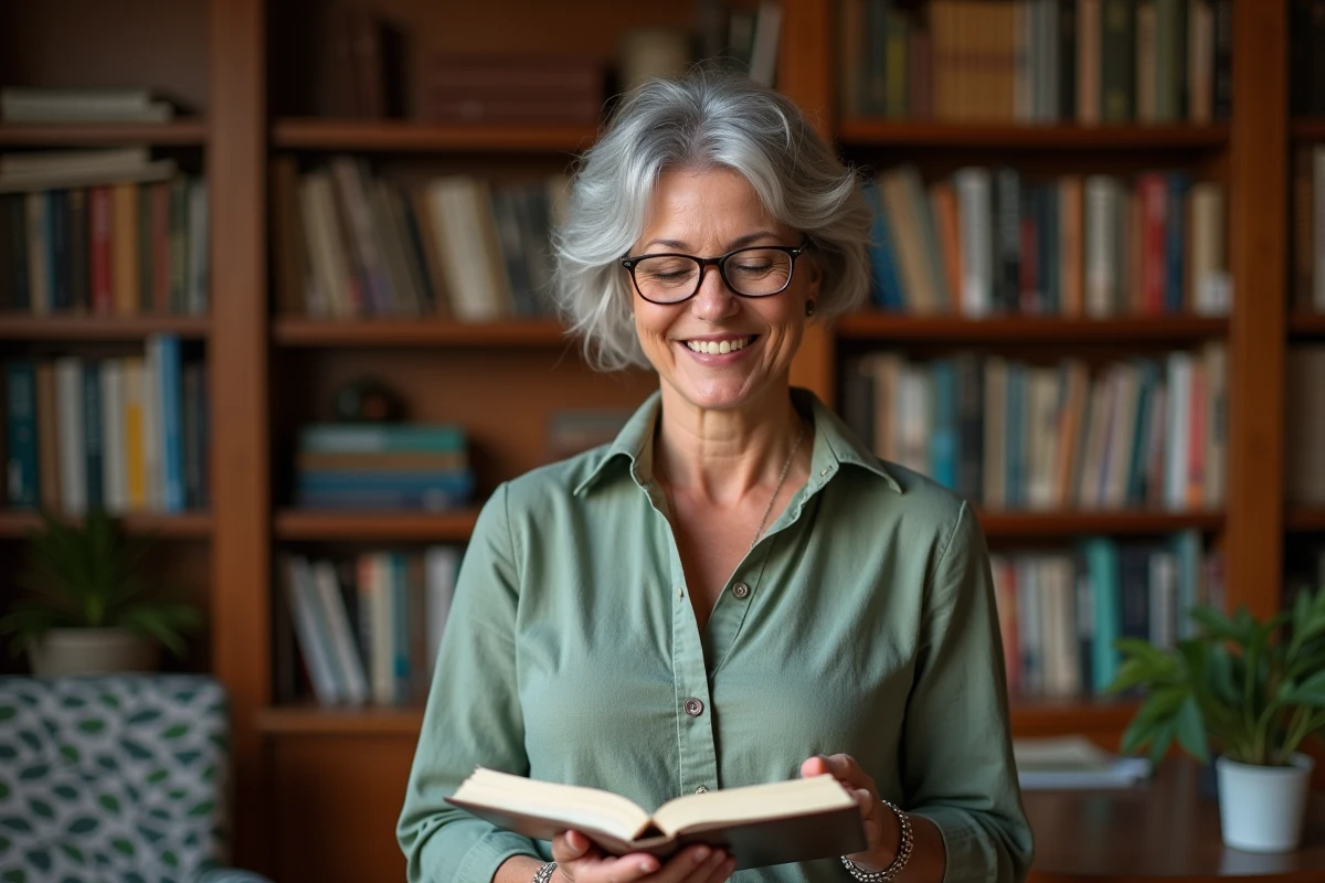 Femme d'âge mûr souriant en lisant un poème tendre dans une bibliothèque chaleureuse
