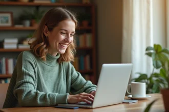 Femme souriante qui recherche des cartes d'anniversaire animées gratuites sur son ordinateur portable depuis un bureau confortable à la maison