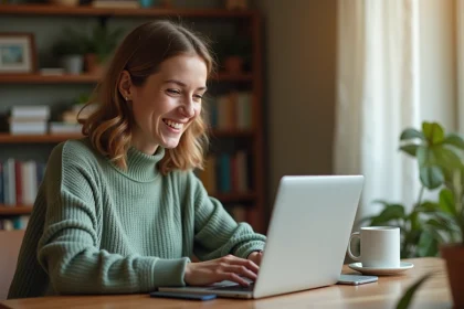 Femme souriante qui recherche des cartes d'anniversaire animées gratuites sur son ordinateur portable depuis un bureau confortable à la maison