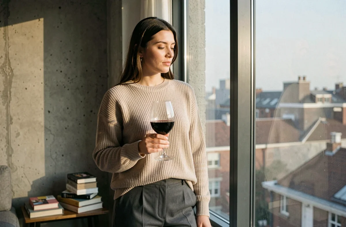 Femme pensive debout près d'une fenêtre d'appartement urbain avec un verre de vin, évoquant la complexité d'une relation extraconjugale