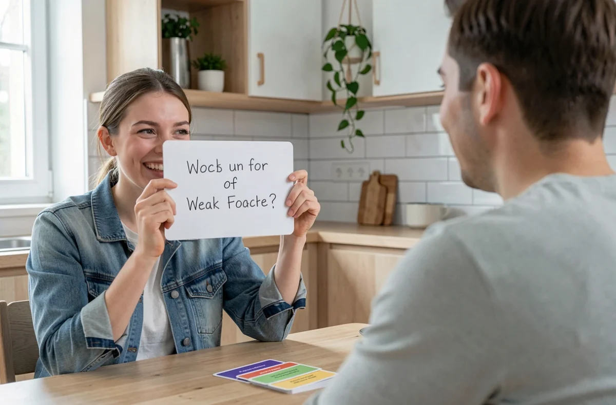Jeune femme brandissant un tableau blanc avec une réponse amusante lors d'une partie de jeu de couple dans une cuisine moderne