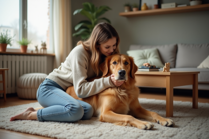 Femme et chien retriever dans le salon cosy