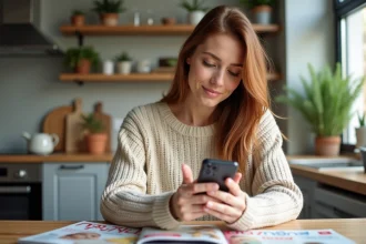Femme souriante avec téléphone dans une cuisine moderne