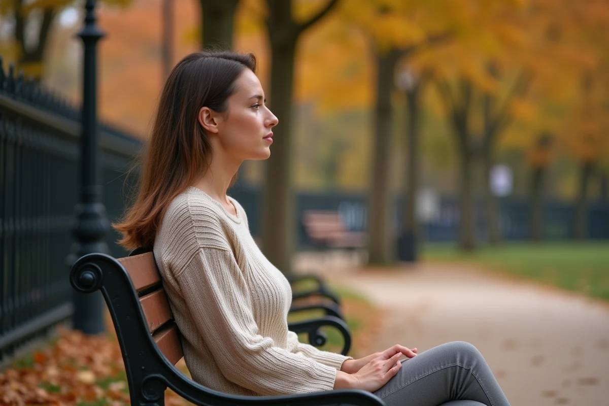 Femme songeuse assise sur un banc dans un jardin parisien en automne, évoquant la réflexion sur la vie familiale