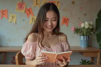 Femme souriante lisant une carte d anniversaire dans une ambiance chaleureuse