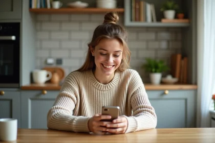 Jeune femme souriante en cuisine tapant un message d'anniversaire